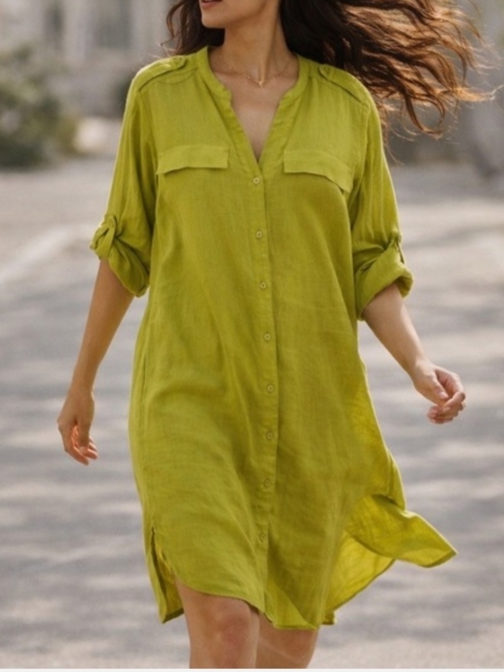 Calvin Klein Lime Green Button-Front Midi Shirt Dress Sz 14